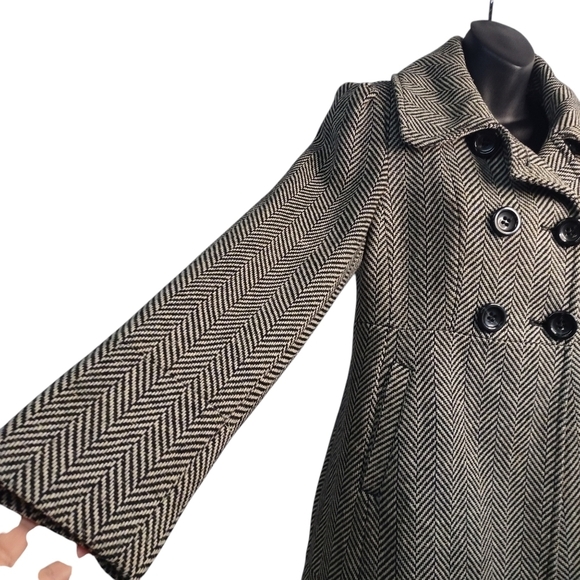 Vintage Guess Women's Pea Coat Black White Chevron Double Breasted Coat Size M - Picture 7 of 11